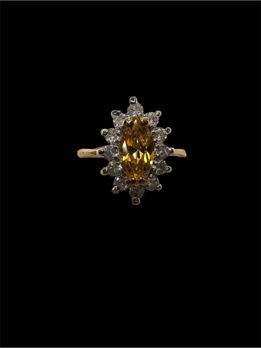 Yellow Marquise Halo Ring with White Cubic Zirconias